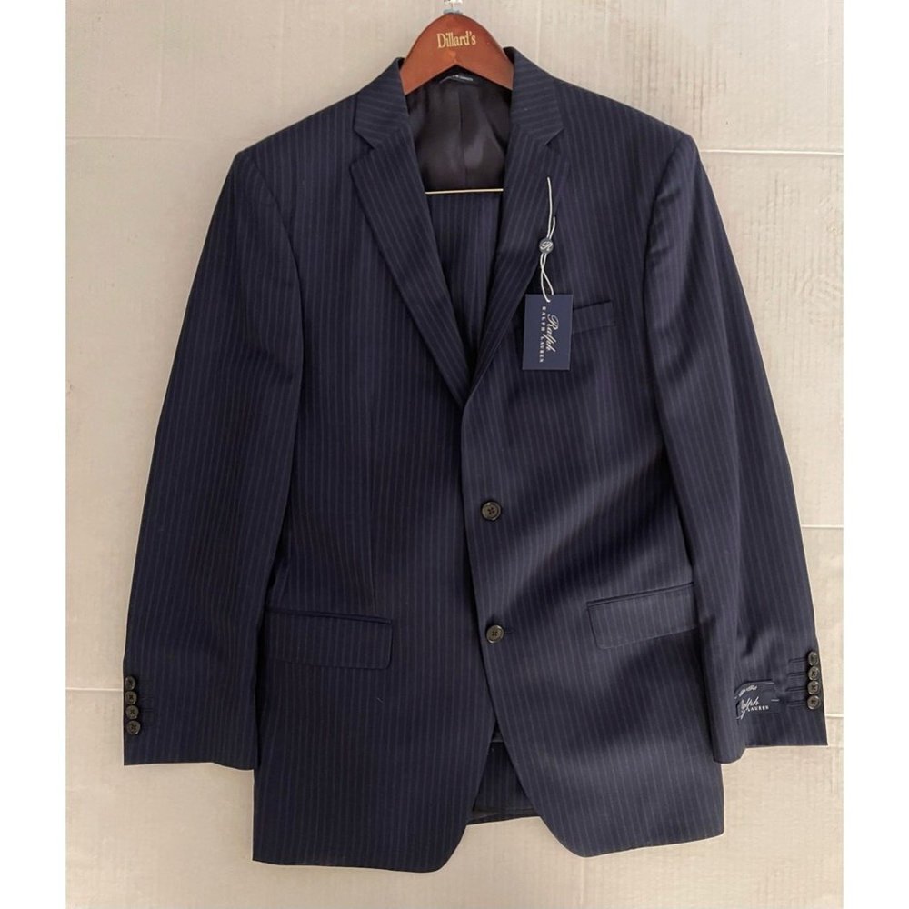 Ralph Lauren Suit Mens 41/33 Two Button Pant Blue Pinstriped Stretch Wool New